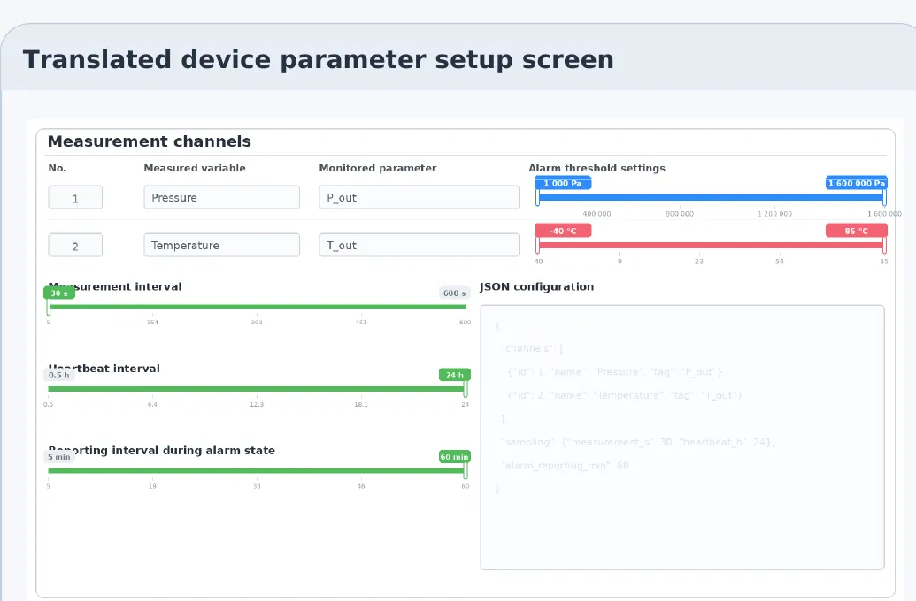 VADTel-SENS remote setpoint configuration screen