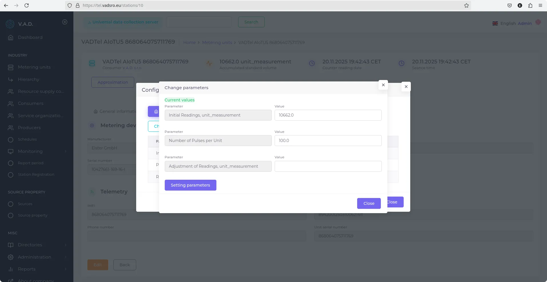 Edit parameters form.
