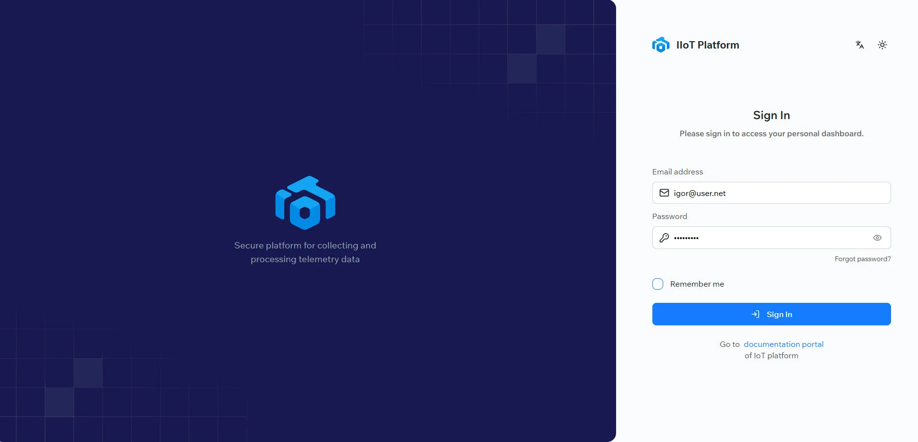 IIoT Platform sign-in page with email and password fields