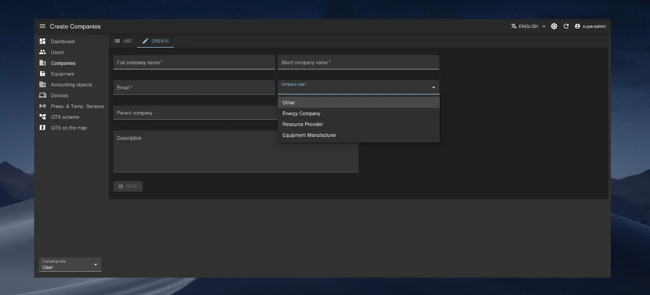 Company creation form.