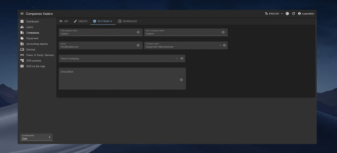 Company profile editing interface.