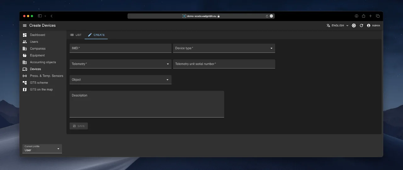 IoT device creation form – general settings.