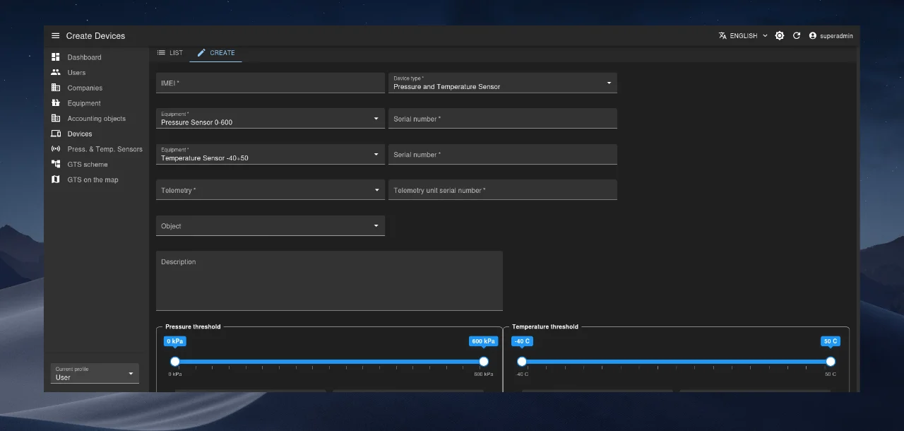 Sensor configuration section in device creation form.