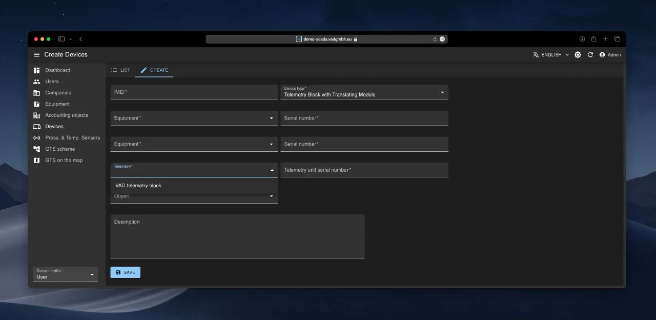 Telemetry block configuration in device creation form.