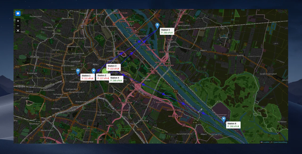 Map with real-time parameter tooltips on object markers.