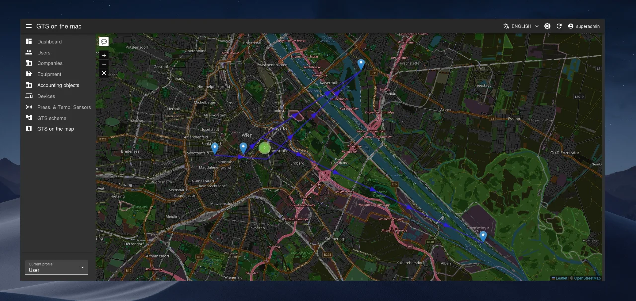 Geographic map with monitoring objects.