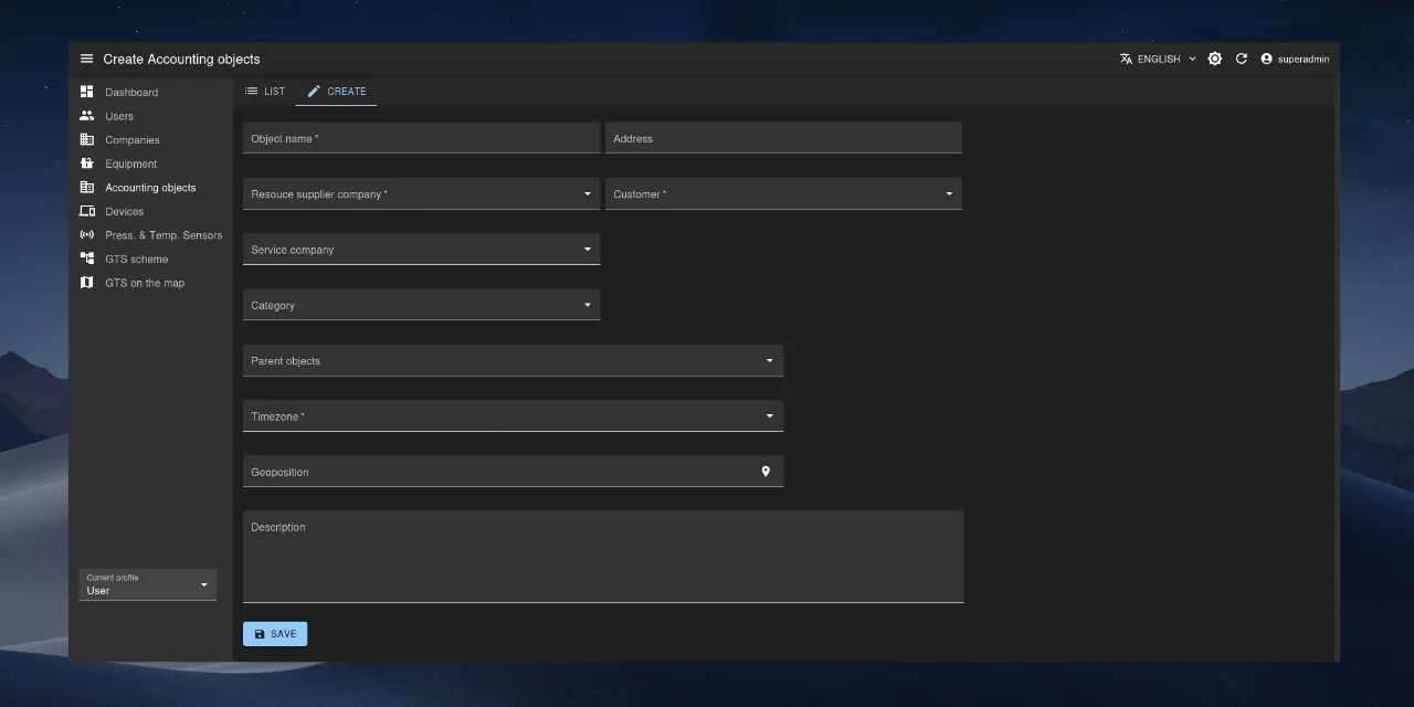 Metering point creation form.