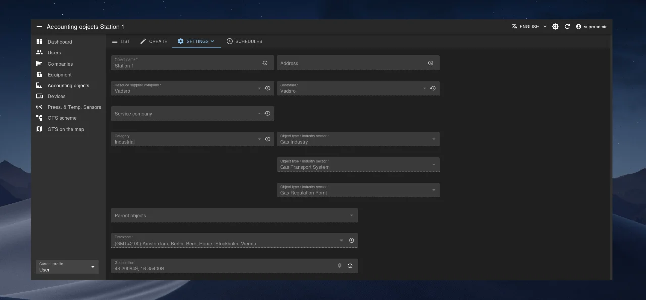 Metering point editing interface.
