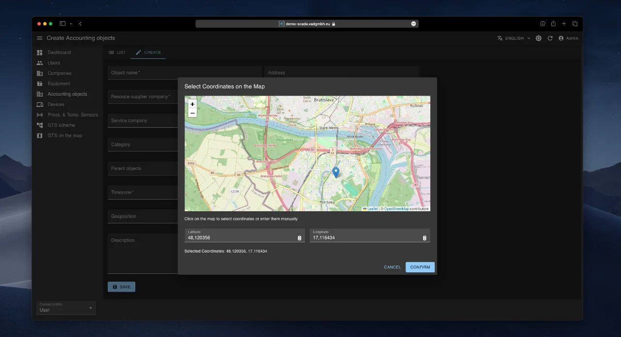 Geolocation selection on map for object coordinates.