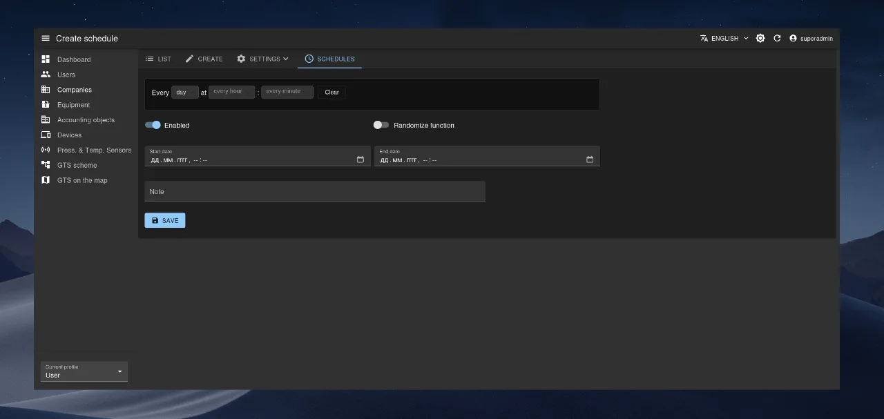 Schedule creation and configuration form.