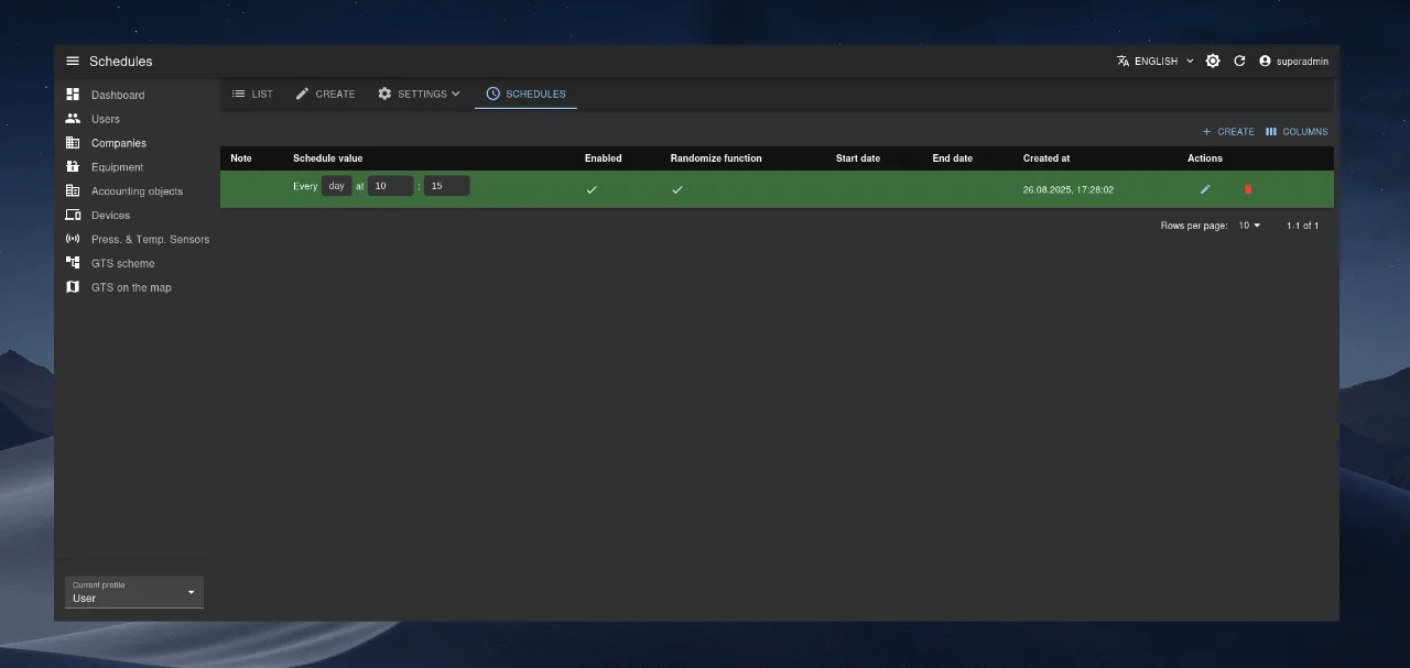 Schedules management tab in Company, Object, and Device modules.