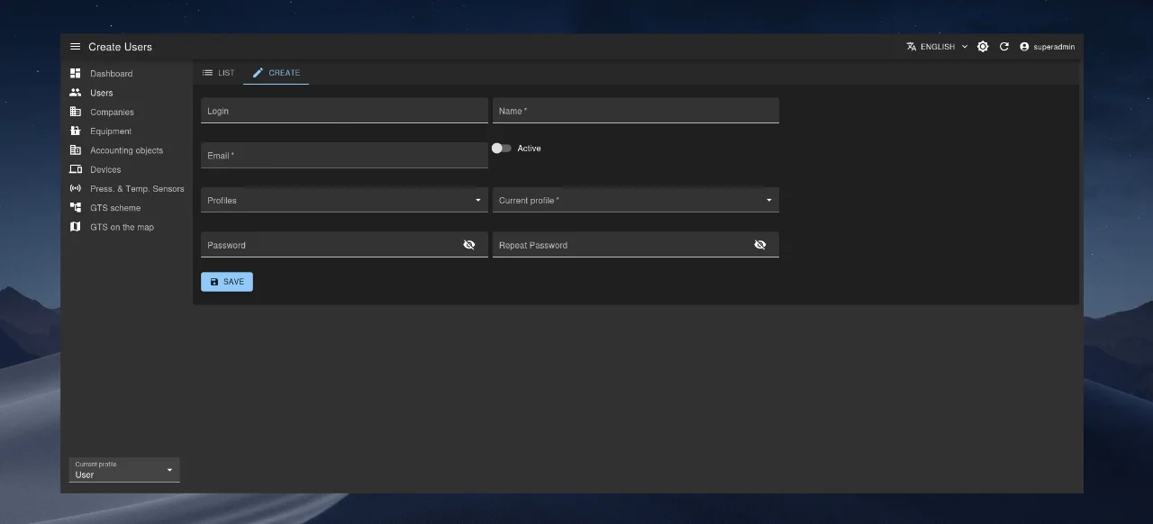 User creation form.