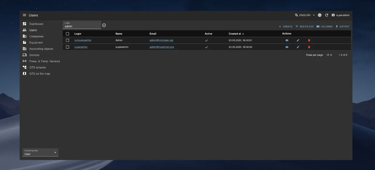 User list with search and filtering options.
