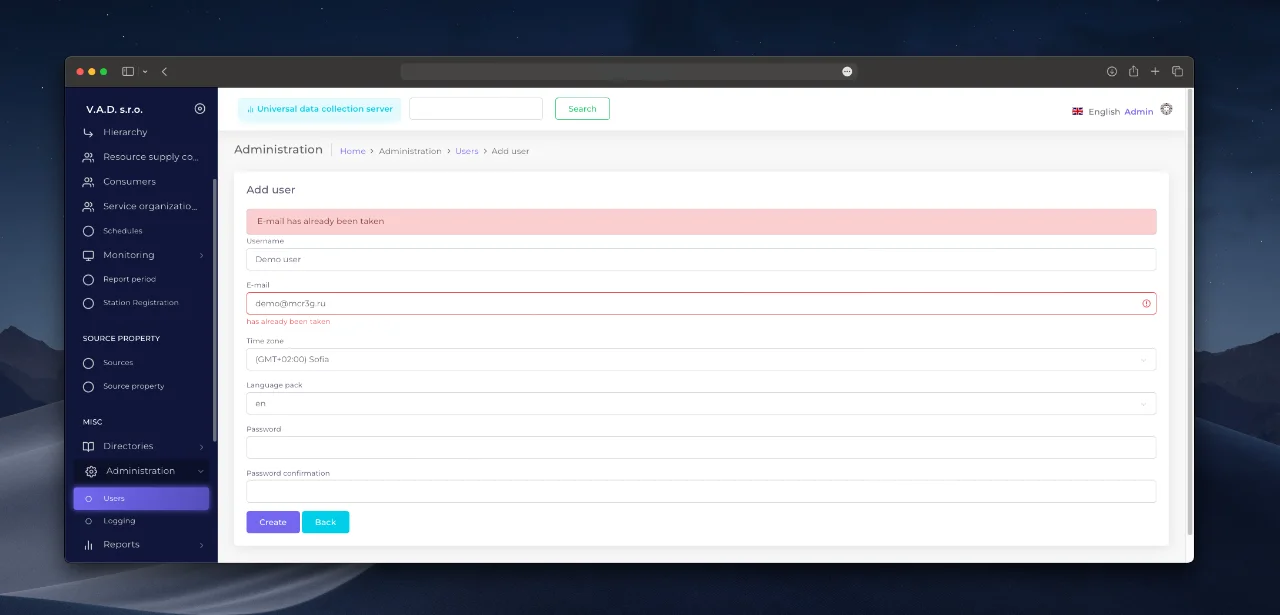 An example of an error when creating a user.