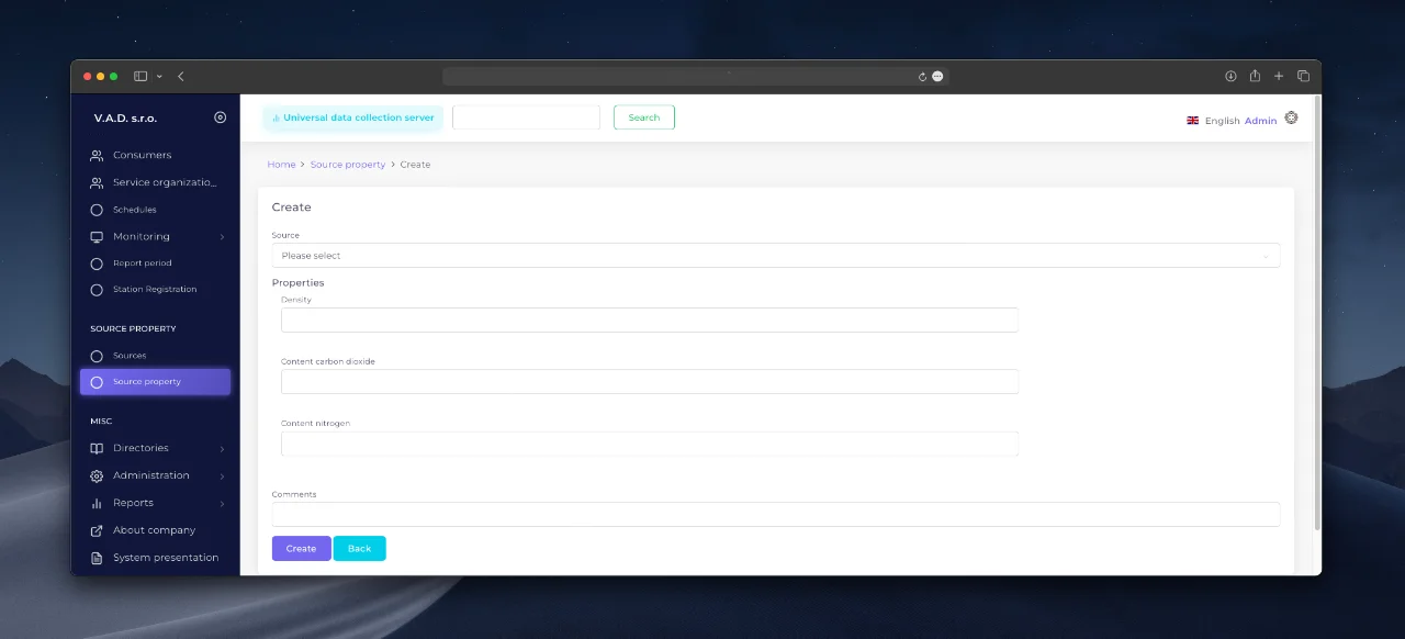 Parameter setting form for the gas source.