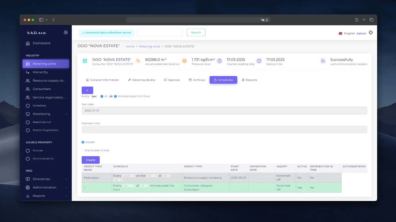 Configuring a schedule through a unit card.