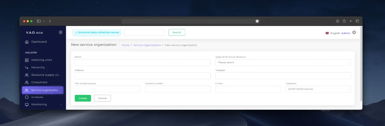 Form for creating a new service organization.