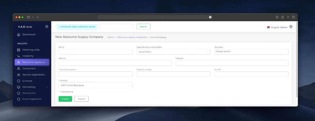 Supplier/branch creation form.