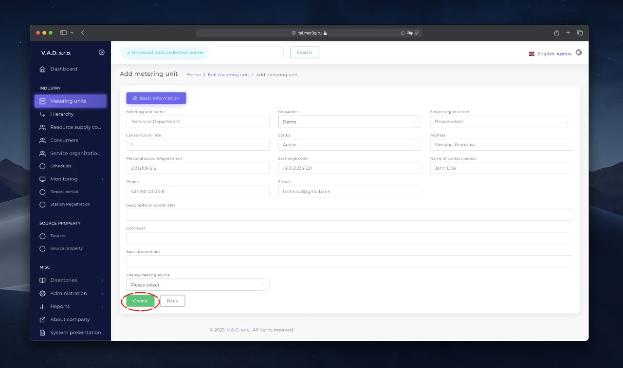 Form for creating a new metering unit