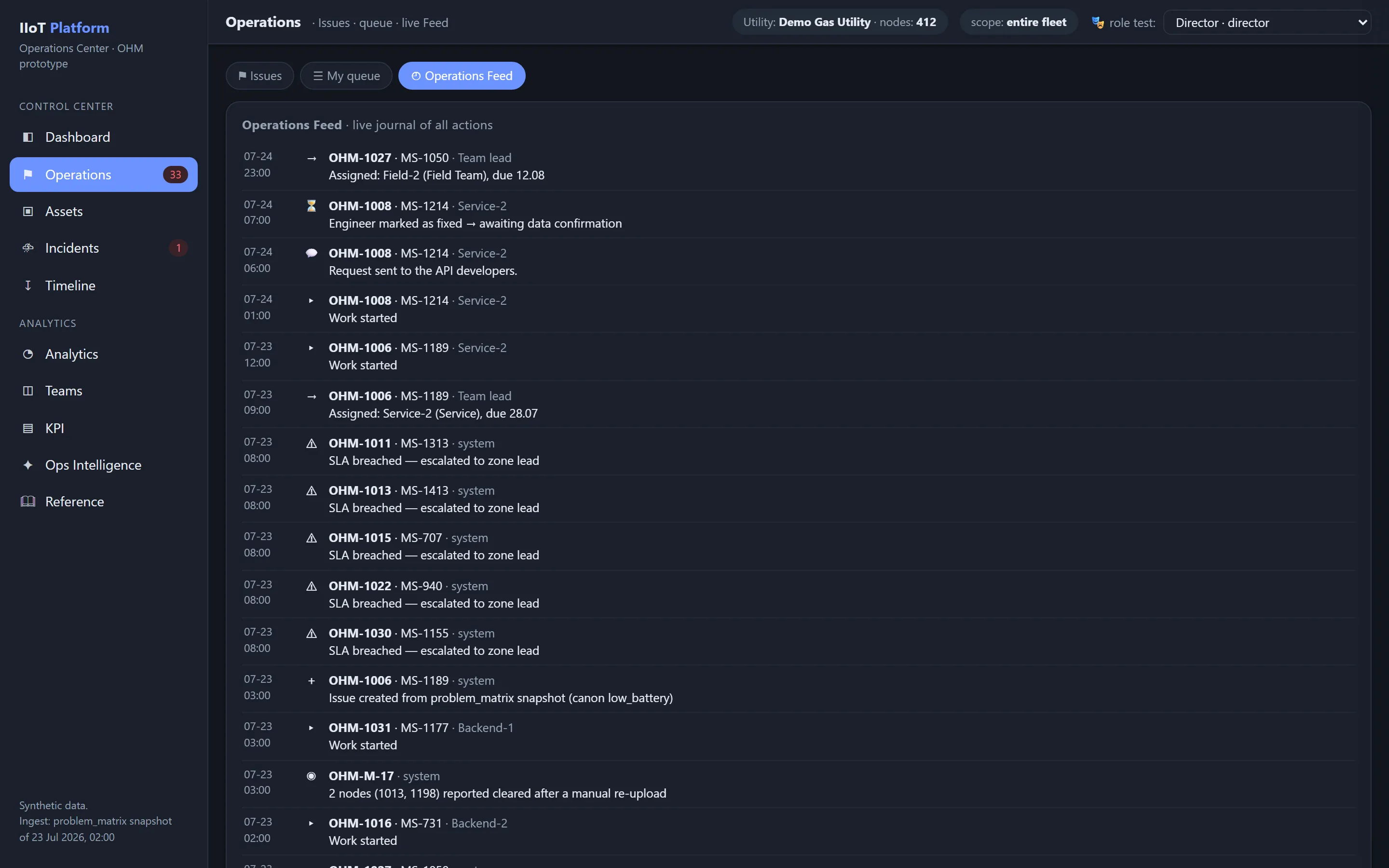 Operations Feed panel streaming a live journal of actions performed across the fleet.