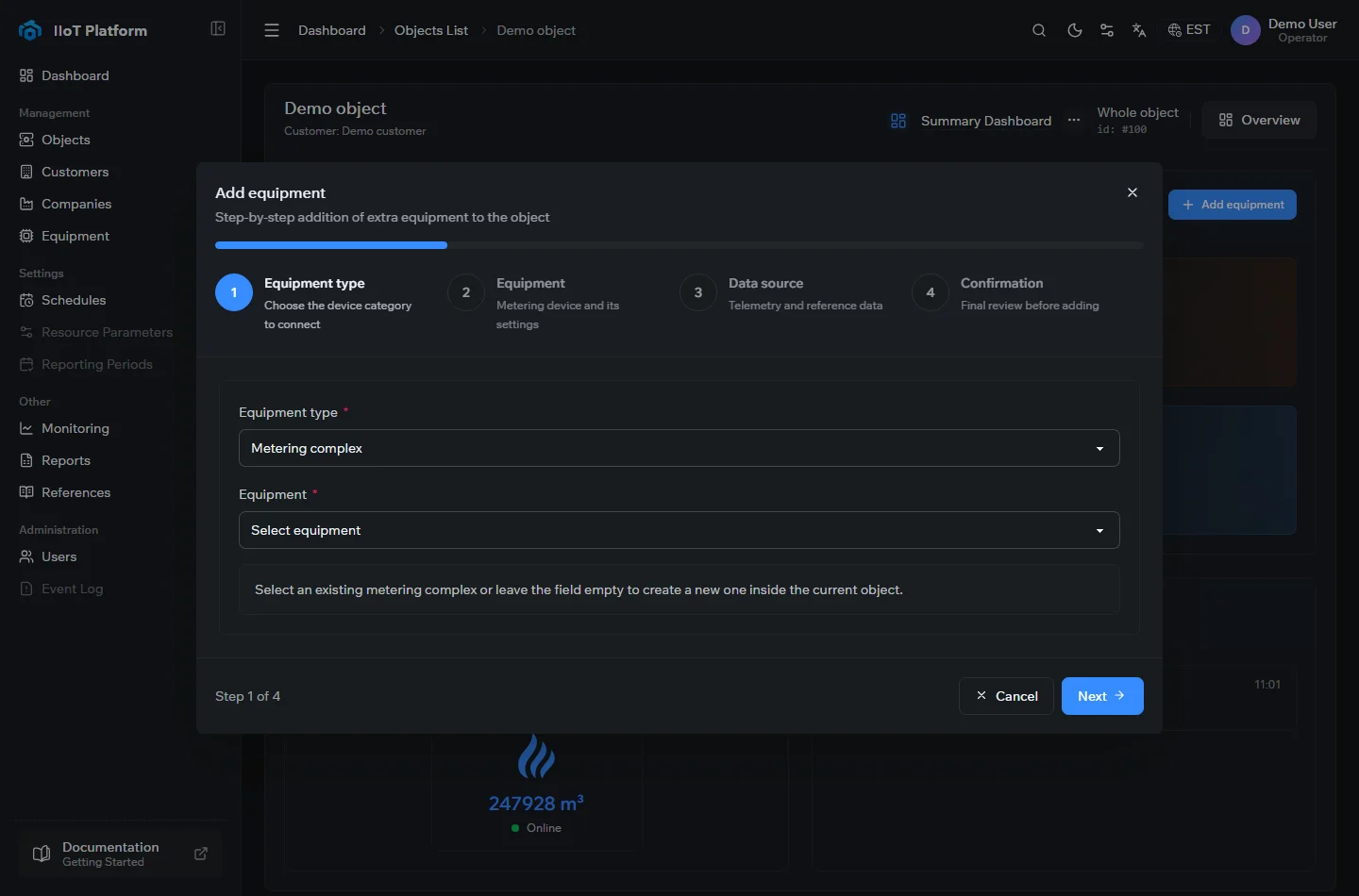 Step 1 of the Add equipment wizard in the IIoT Platform, choosing the equipment type
