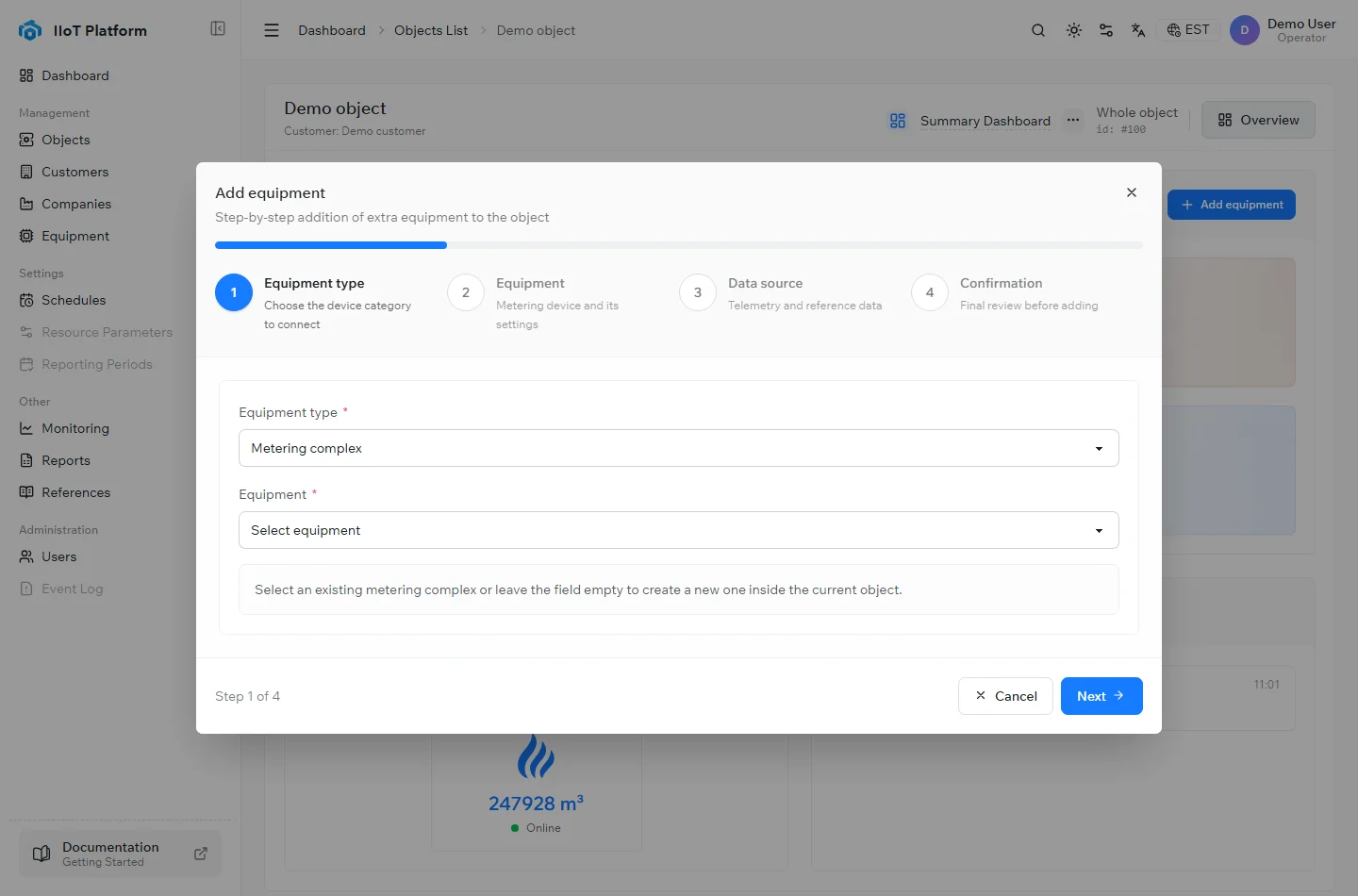 Step 1 of the Add equipment wizard in the IIoT Platform, choosing the equipment type