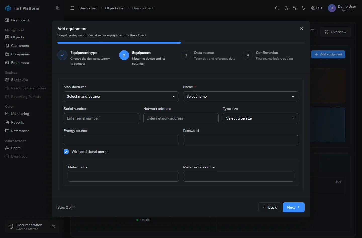 Step 2 of the Add equipment wizard in the IIoT Platform, entering the metering device details
