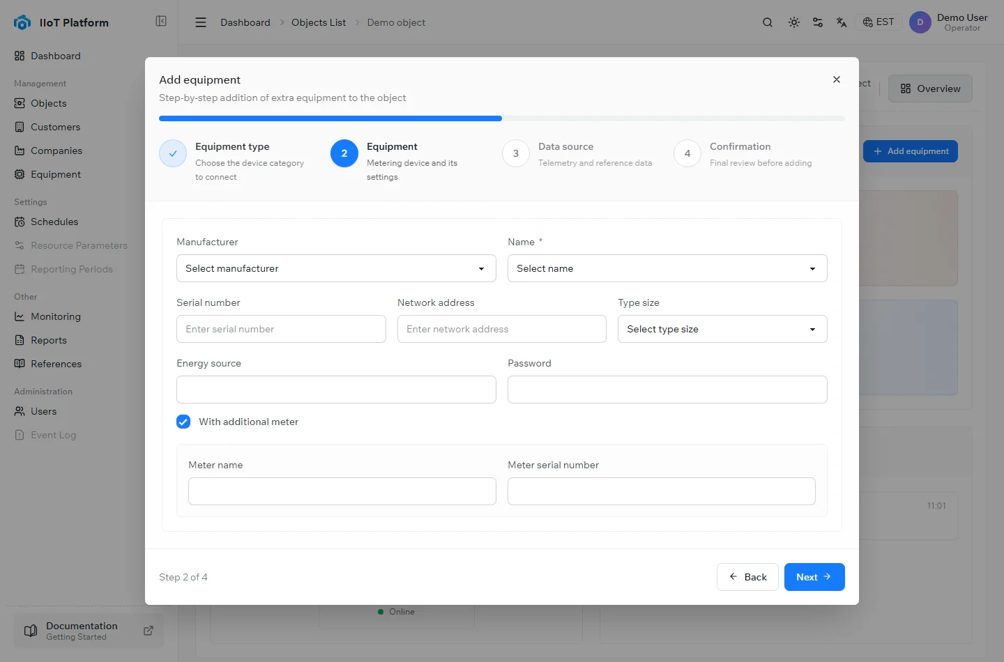 Step 2 of the Add equipment wizard in the IIoT Platform, entering the metering device details
