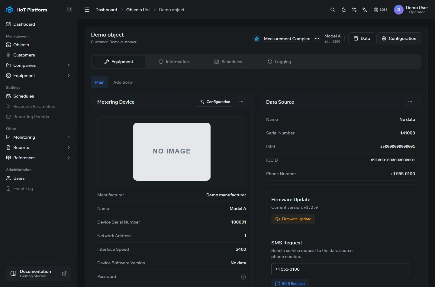 The Equipment configuration tab of a device in the IIoT Platform, showing the metering device and its data source