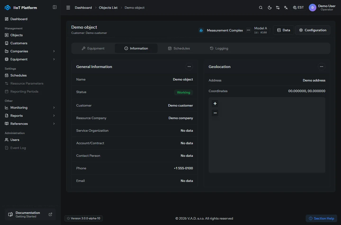 The Information configuration tab of a device in the IIoT Platform, showing general information and a geolocation map