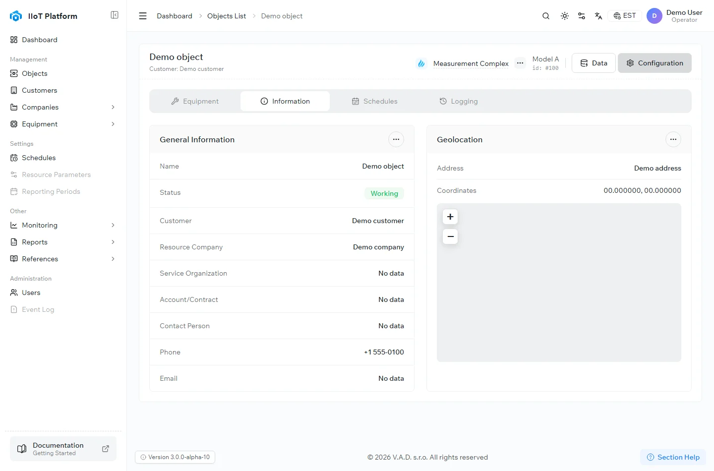 The Information configuration tab of a device in the IIoT Platform, showing general information and a geolocation map