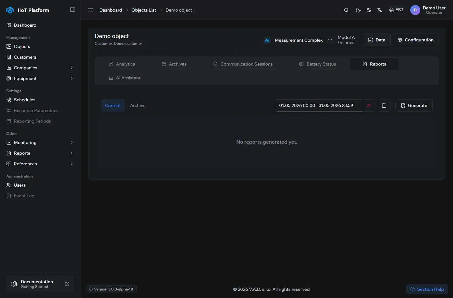The Reports tab of a device in the IIoT Platform, with the period selector and Generate action