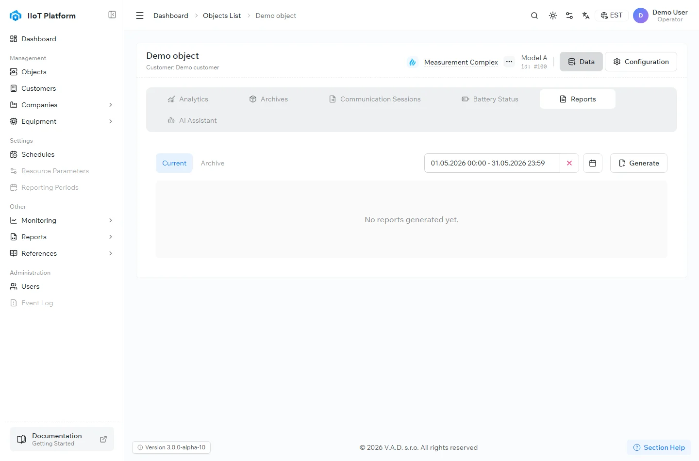 The Reports tab of a device in the IIoT Platform, with the period selector and Generate action