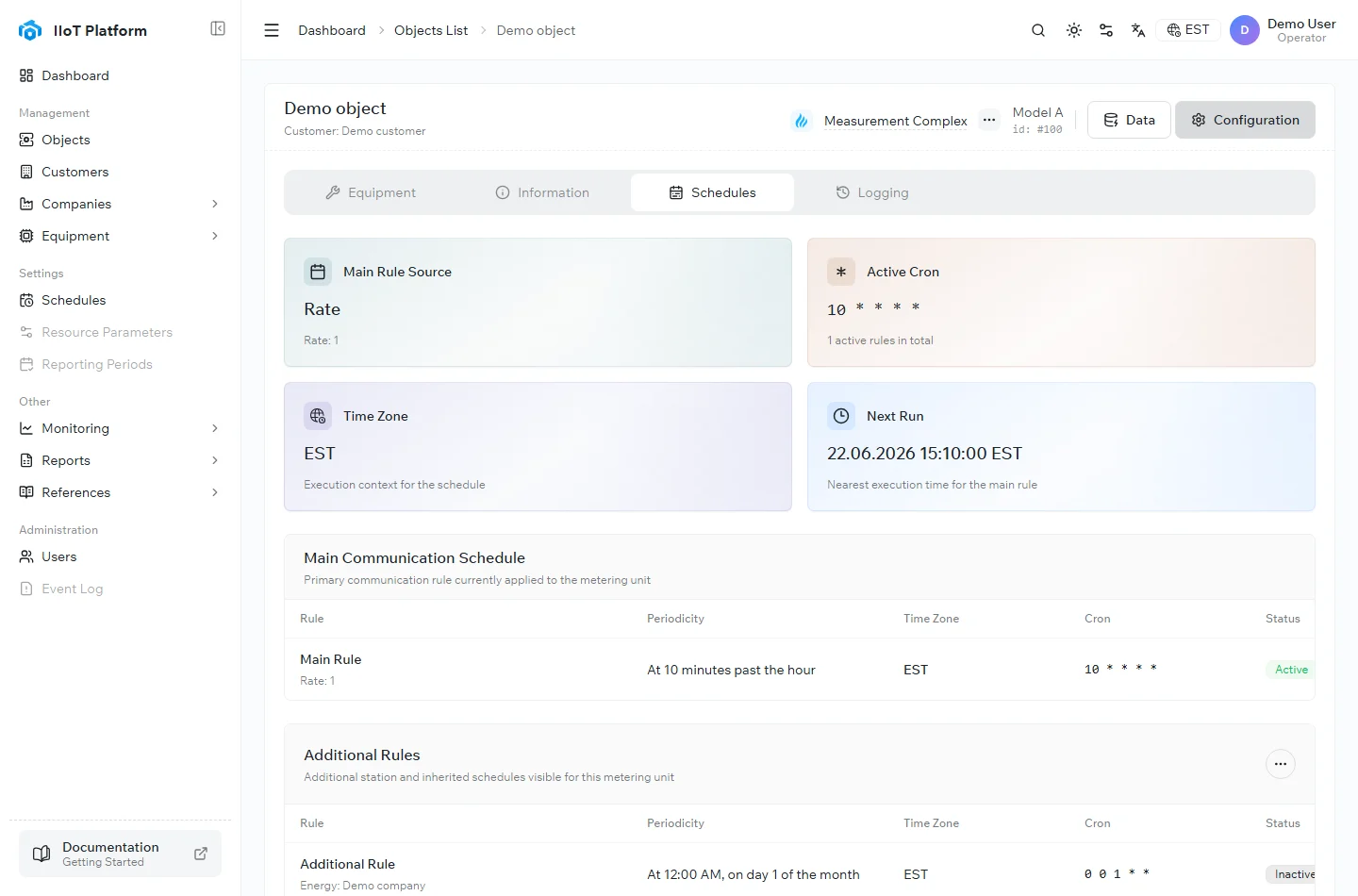 The Schedules configuration tab of a device in the IIoT Platform, showing the main rule, cron, time zone, and next run