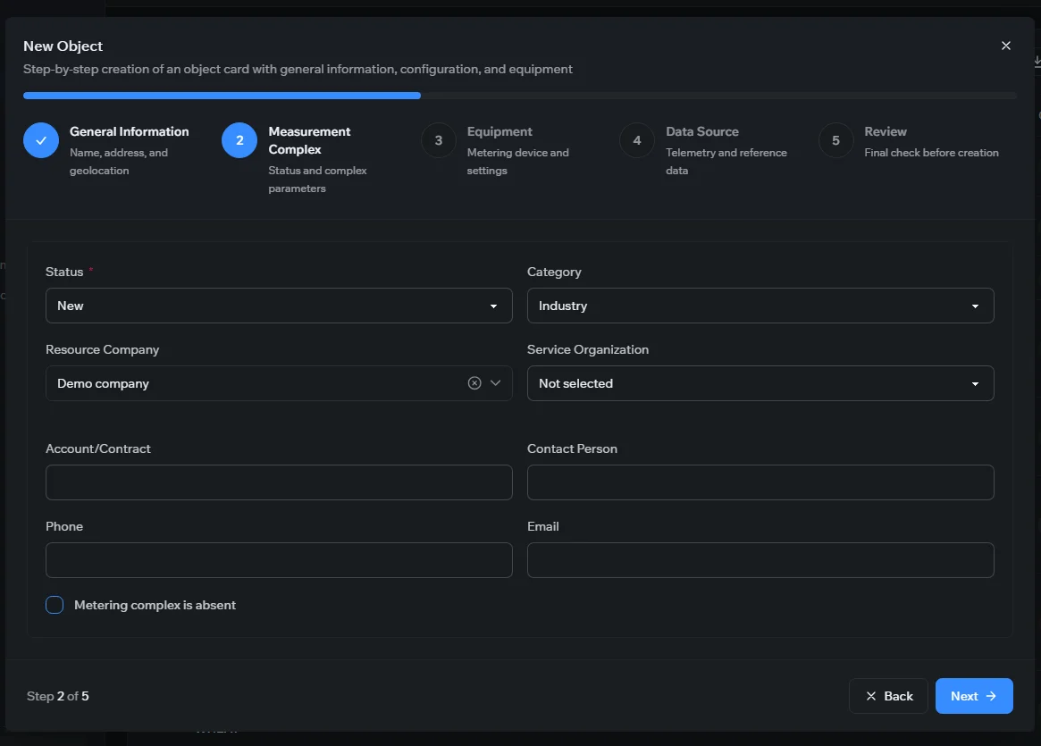 The New Object wizard, Measurement Complex step