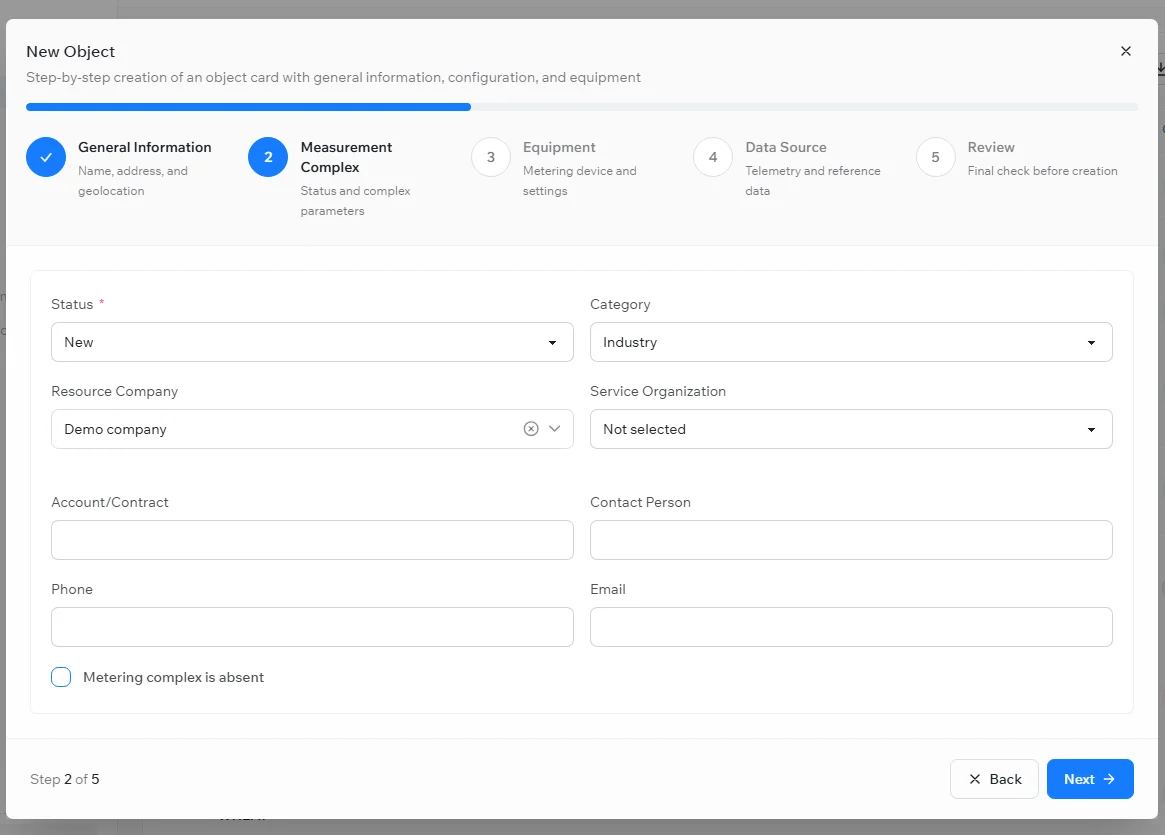 The New Object wizard, Measurement Complex step