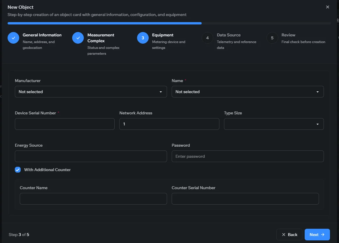 The New Object wizard, Equipment step