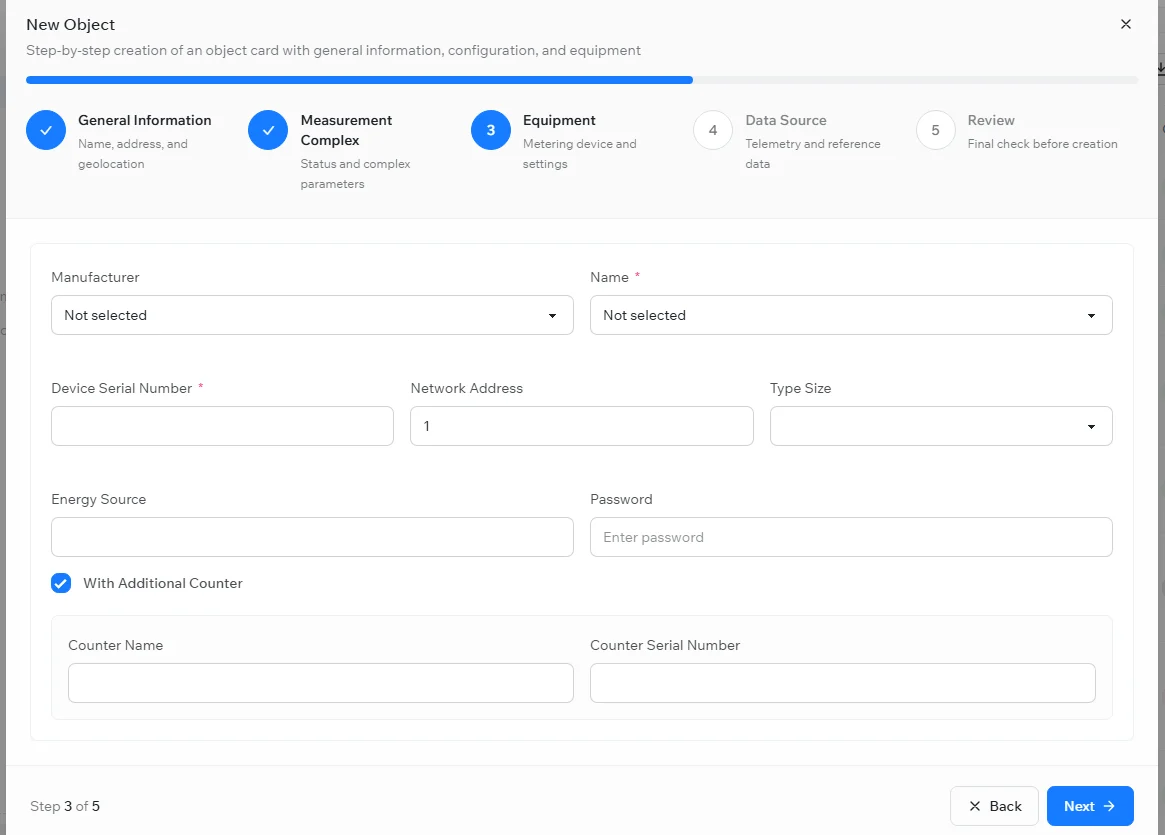 The New Object wizard, Equipment step