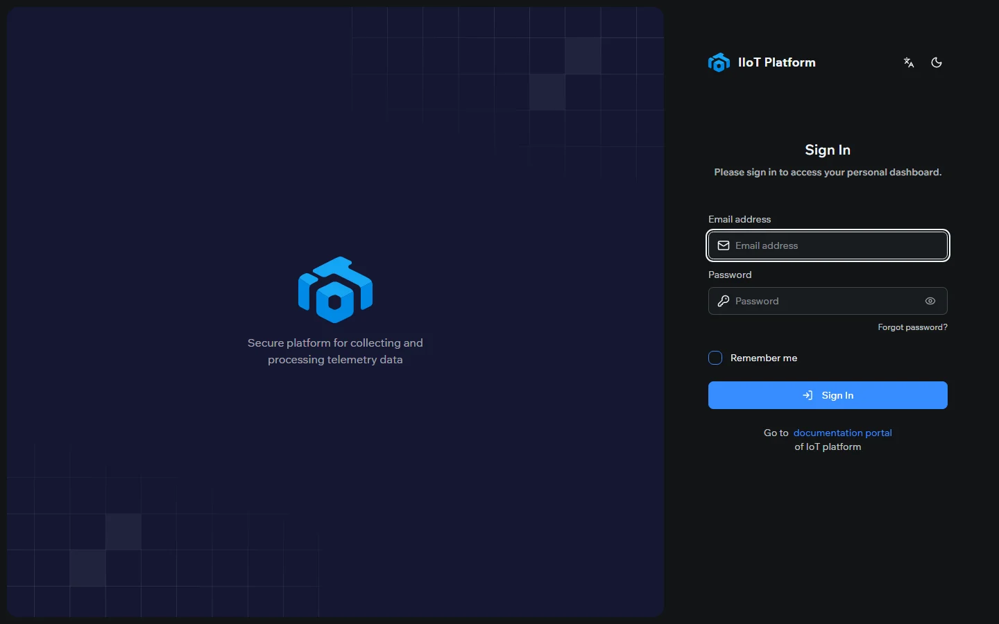 The IIoT Platform sign-in page with email and password fields