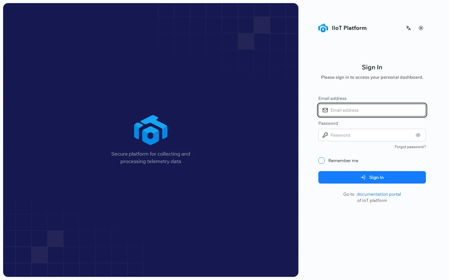 The IIoT Platform sign-in page with email and password fields
