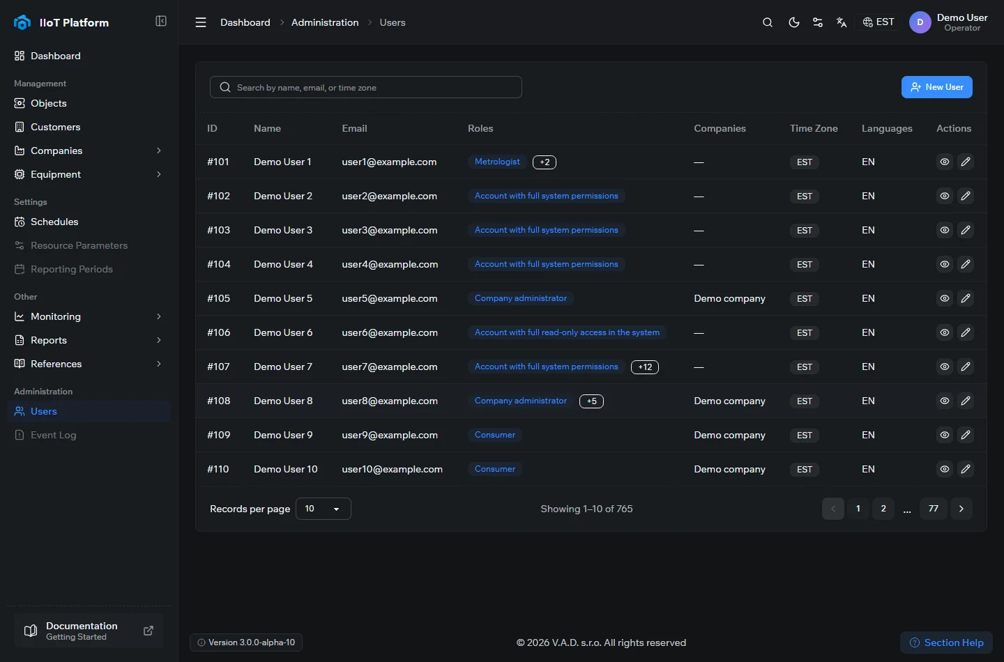 The Users page in the IIoT Platform, listing accounts with their roles, companies, time zone, and language