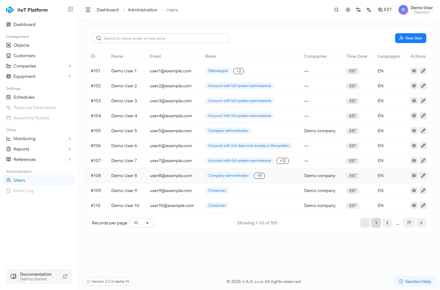 The Users page in the IIoT Platform, listing accounts with their roles, companies, time zone, and language